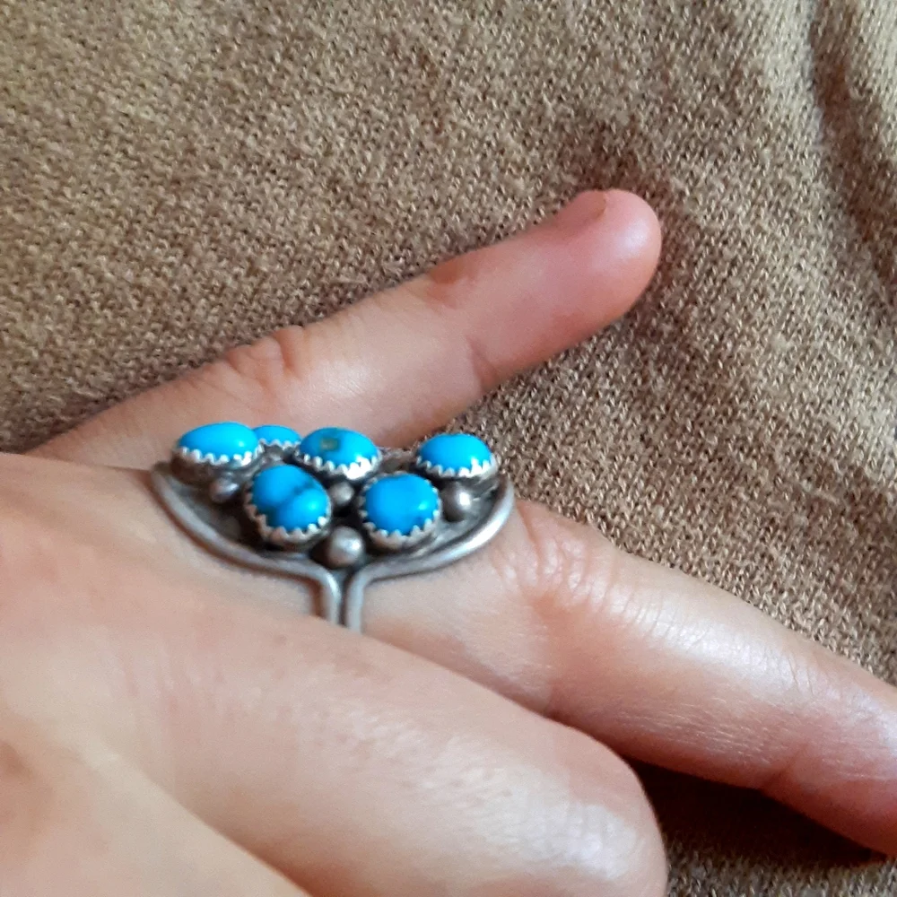 Navajo Style Sterling Turquoise Cabochon Cluster Ring Size 8.75 - Picture 10 of 16
